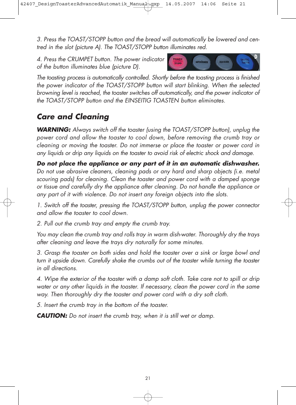 Care and cleaning | Gastroback 42407 Design Toaster Advanced User Manual | Page 9 / 12