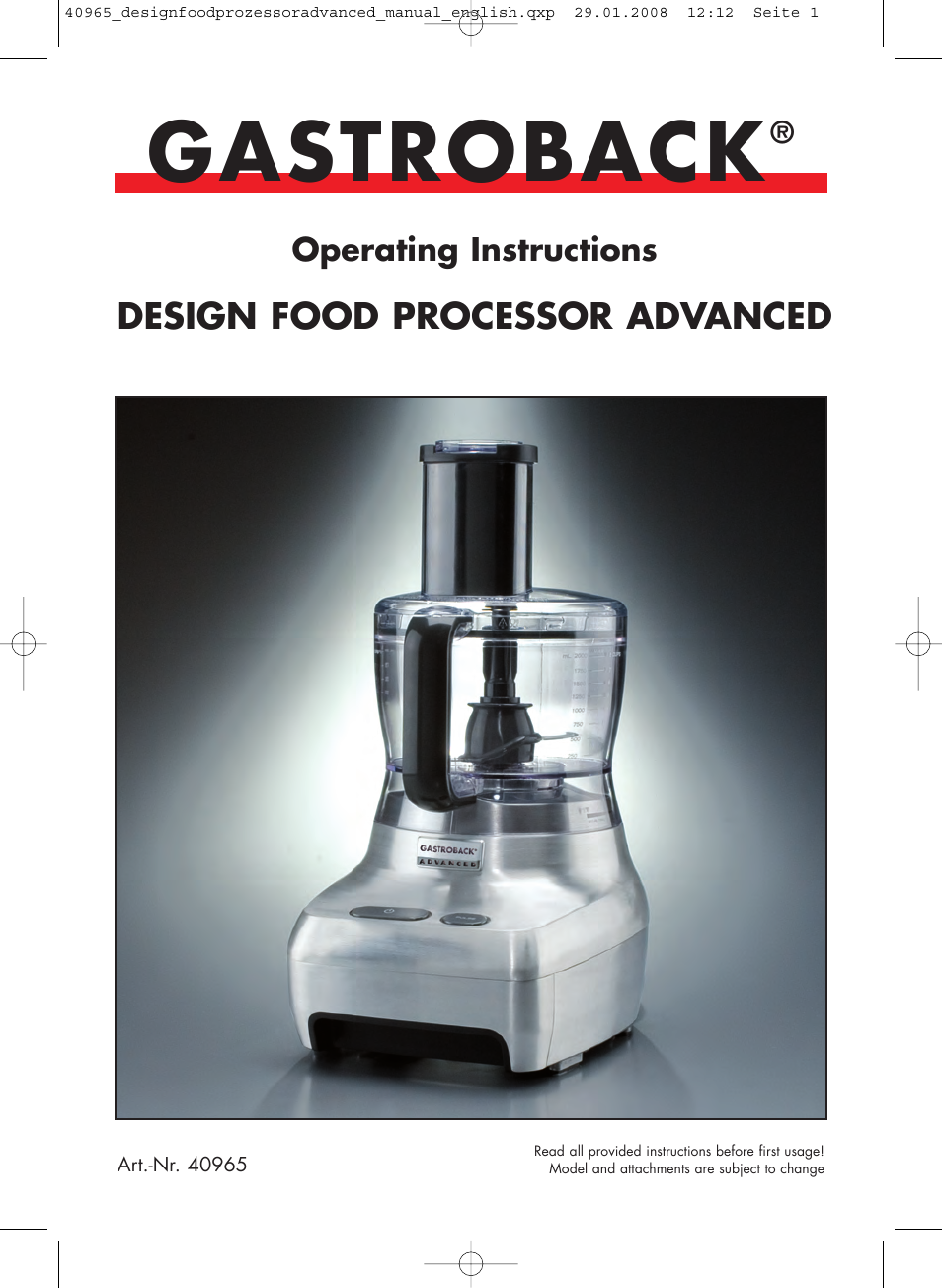 Gastroback 40965 Design Food Processor Advanced User Manual | 36 pages