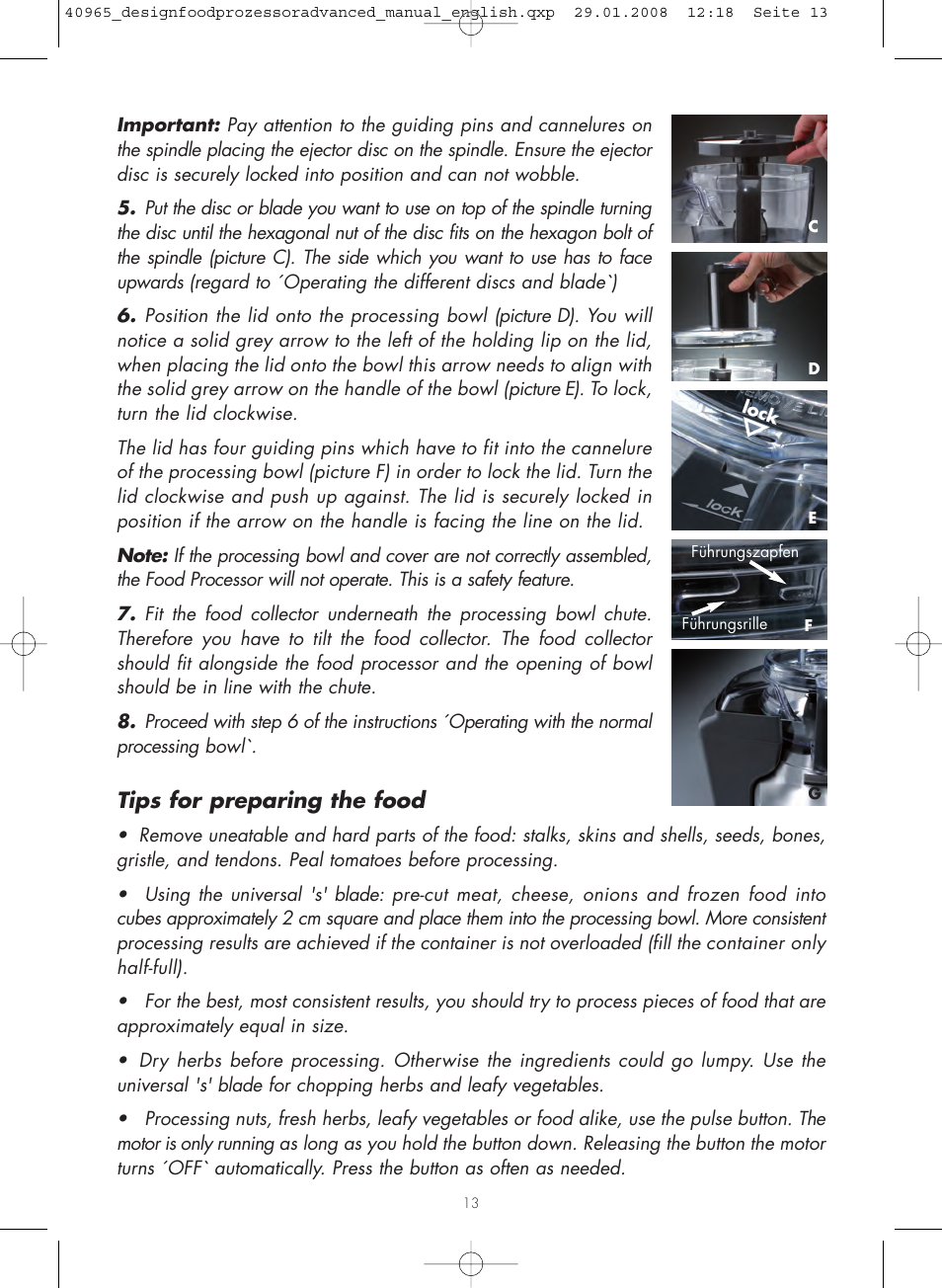 Tips for preparing the food | Gastroback 40965 Design Food Processor Advanced User Manual | Page 13 / 36