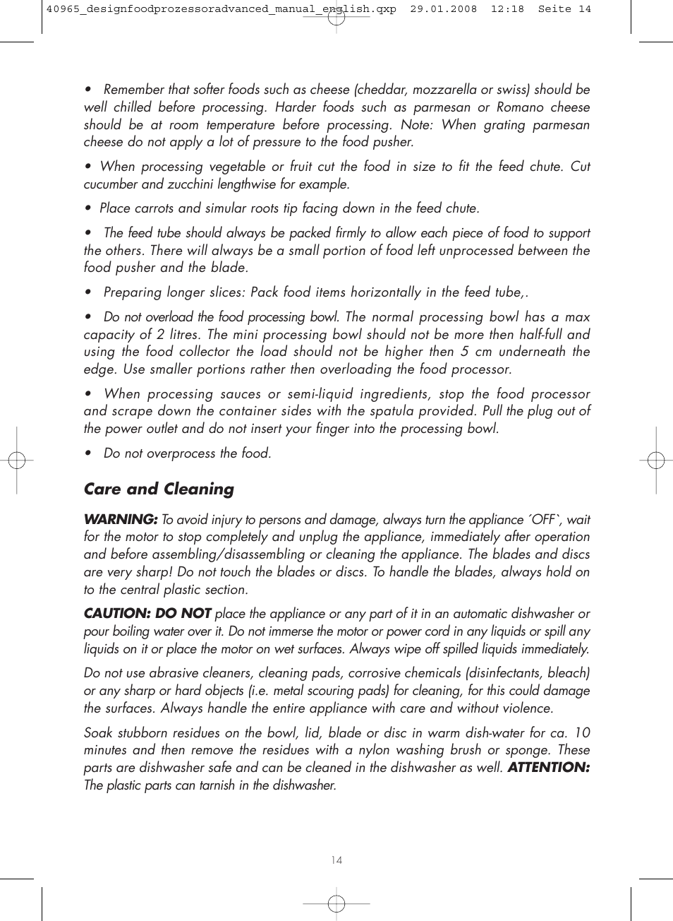 Care and cleaning | Gastroback 40965 Design Food Processor Advanced User Manual | Page 14 / 36