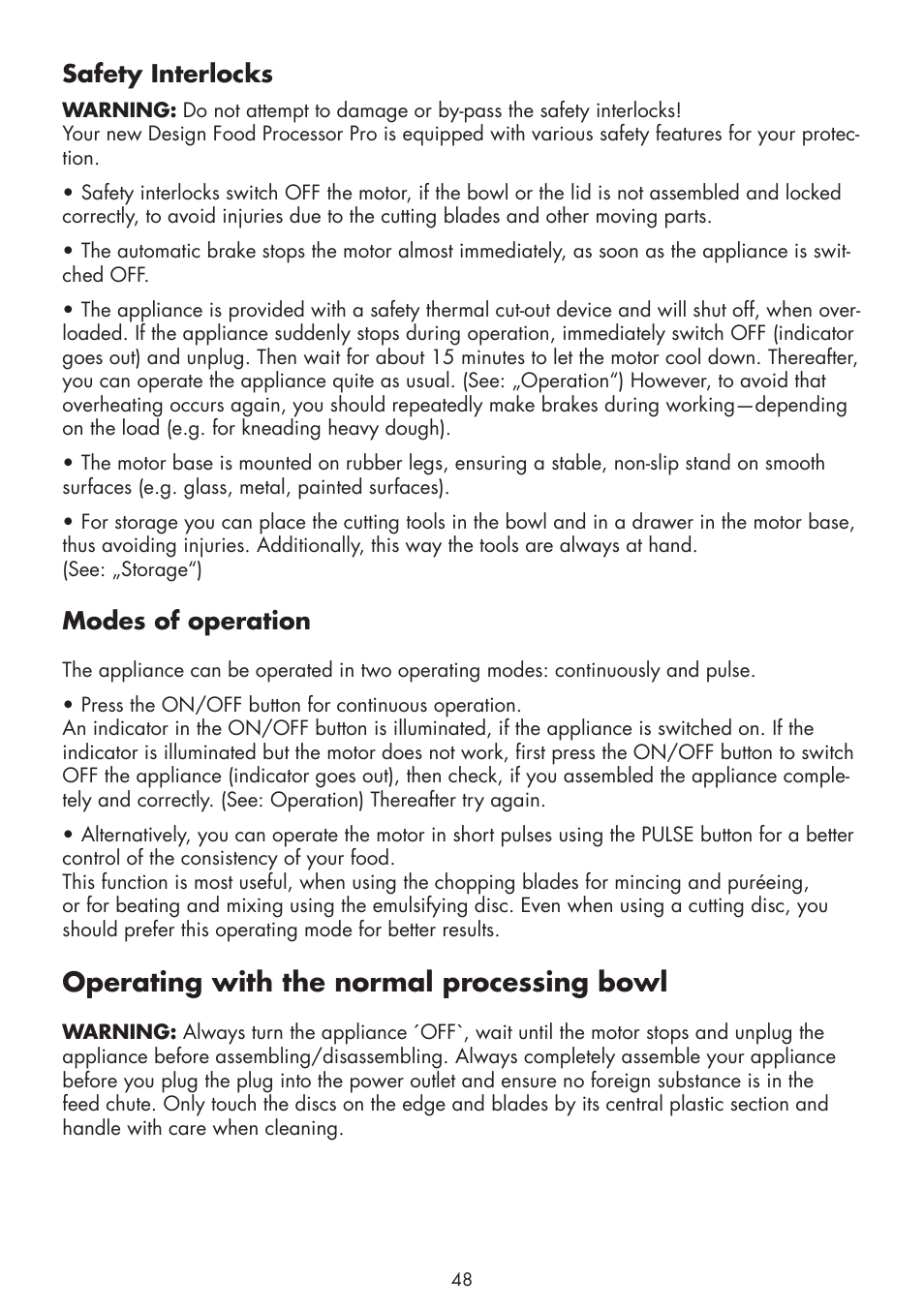 Operating with the normal processing bowl, Safety interlocks, Modes of operation | Gastroback 40964 Design Food Processor Pro User Manual | Page 10 / 33