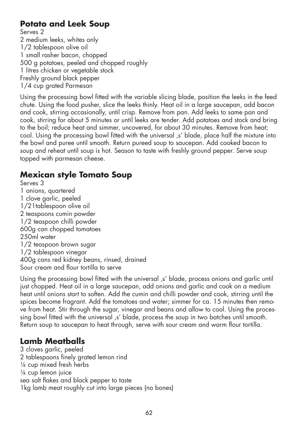 Potato and leek soup, Mexican style tomato soup, Lamb meatballs | Gastroback 40964 Design Food Processor Pro User Manual | Page 24 / 33