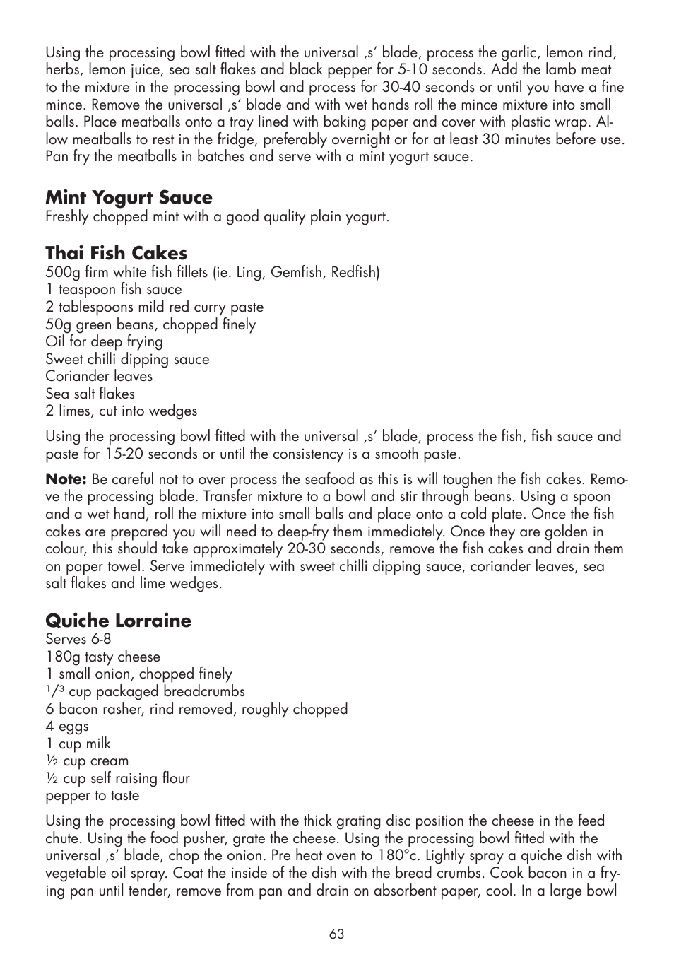 Mint yogurt sauce, Thai fish cakes, Quiche lorraine | Gastroback 40964 Design Food Processor Pro User Manual | Page 25 / 33