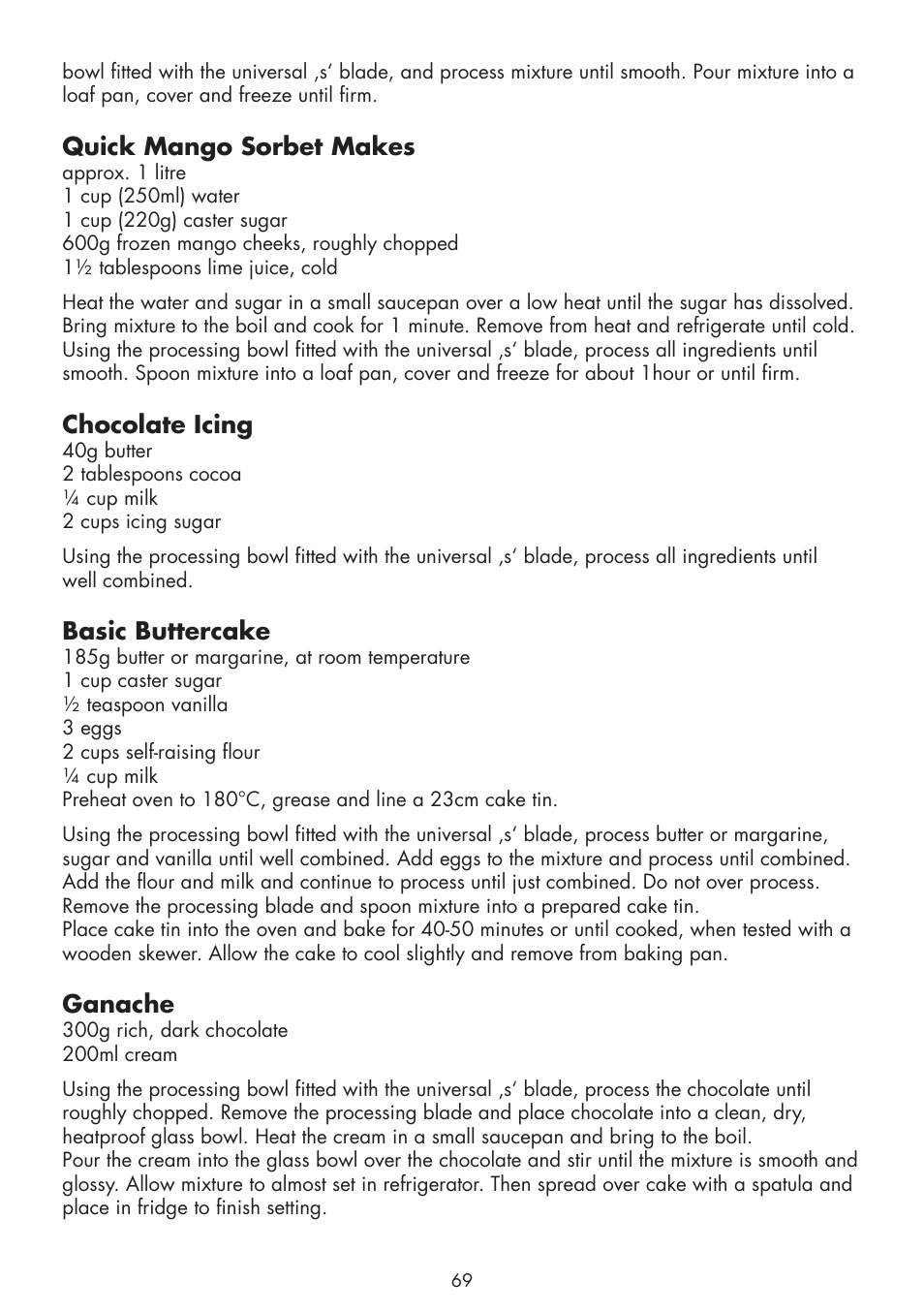 Quick mango sorbet makes, Chocolate icing, Basic buttercake | Ganache | Gastroback 40964 Design Food Processor Pro User Manual | Page 31 / 33