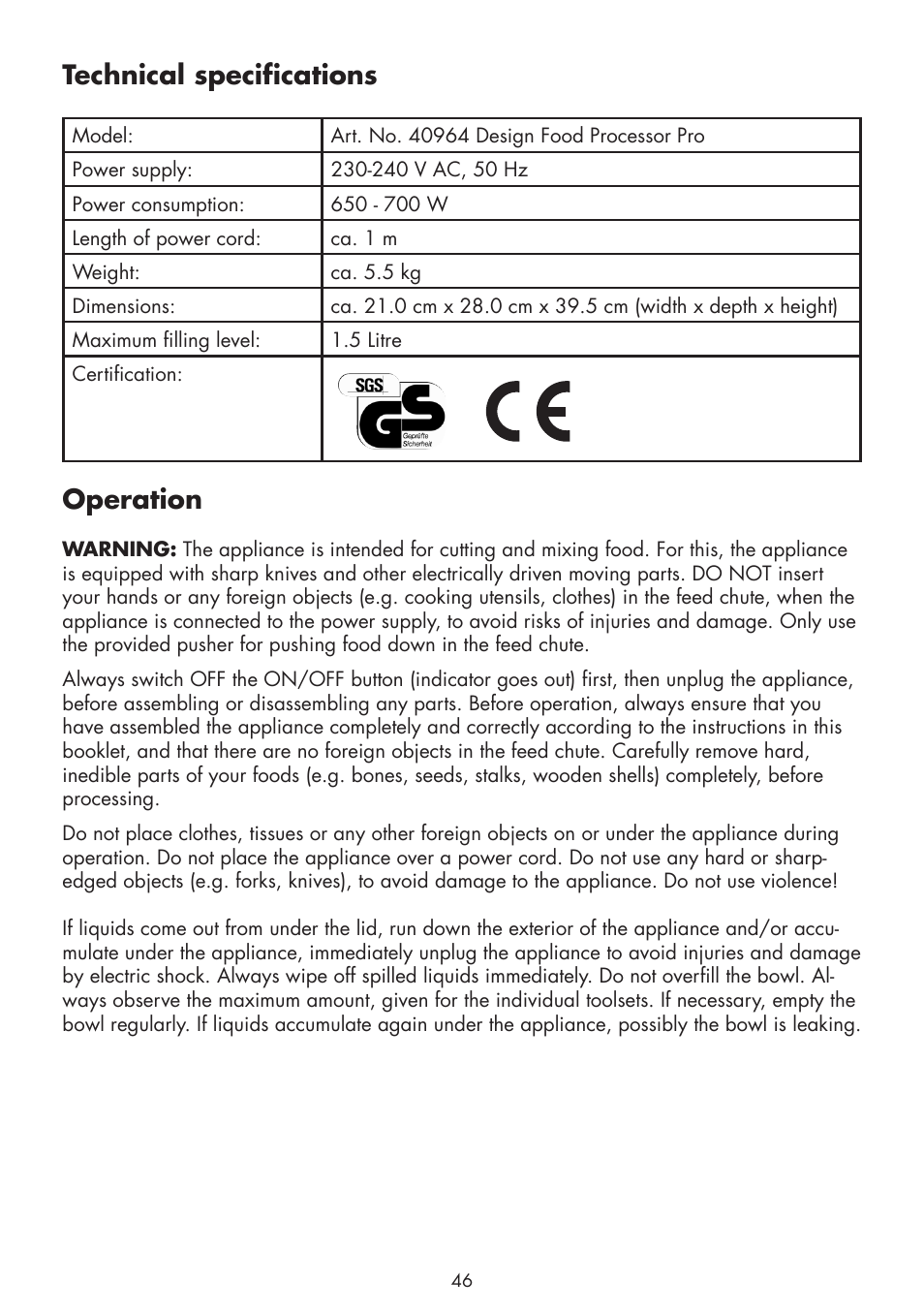 Technical specifications, Operation | Gastroback 40964 Design Food Processor Pro User Manual | Page 8 / 33