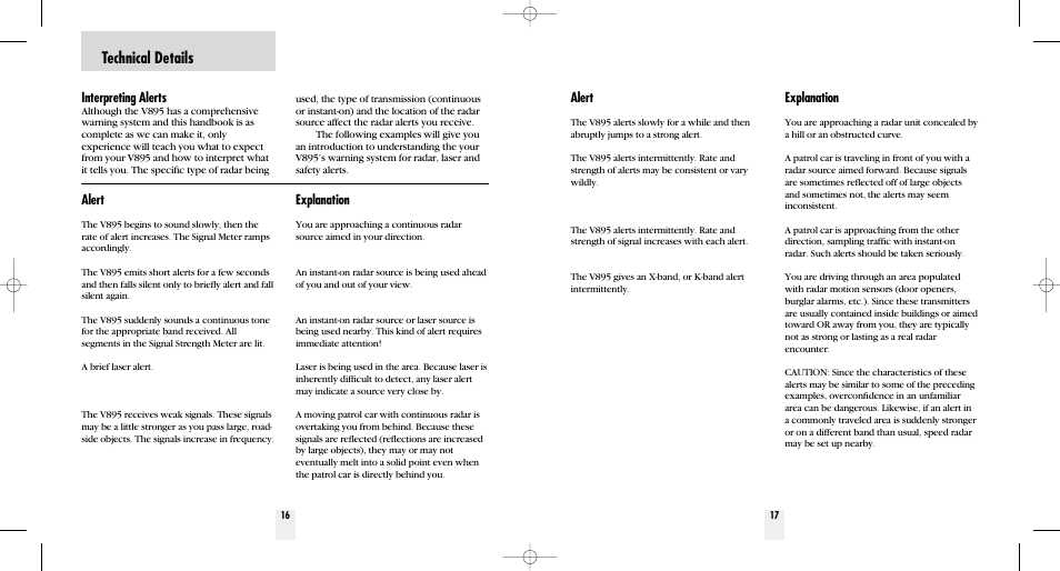 Technical details, Interpreting alerts, Explanation | Alert | Beltronics V895 User Manual | Page 10 / 16