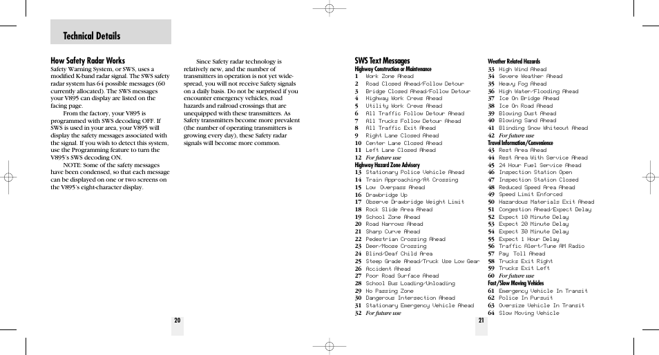 Technical details, How safety radar works, Sws text messages | Beltronics V895 User Manual | Page 12 / 16