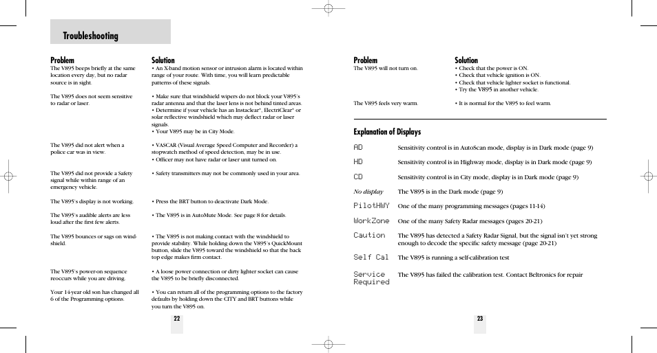 Troubleshooting, Problem, Solution | Explanation of displays ad, Pilothwy, Workzone, Caution, Self cal, Service, Required | Beltronics V895 User Manual | Page 13 / 16