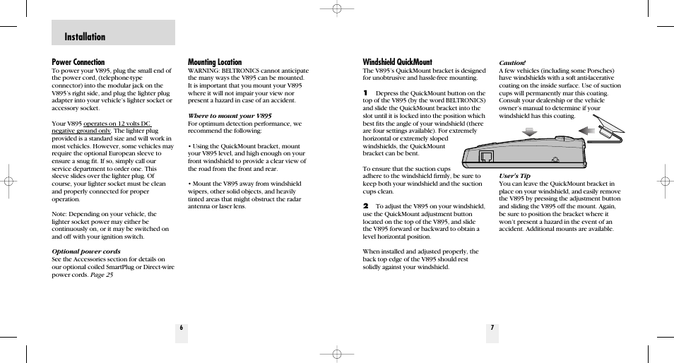 Installation, Power connection, Mounting location | Windshield quickmount | Beltronics V895 User Manual | Page 5 / 16