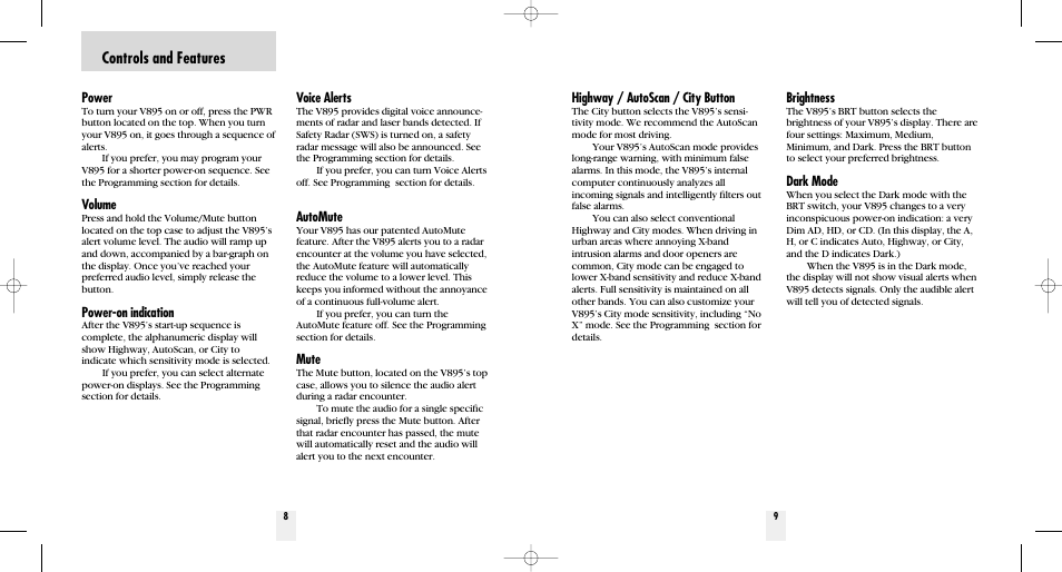 Controls and features | Beltronics V895 User Manual | Page 6 / 16