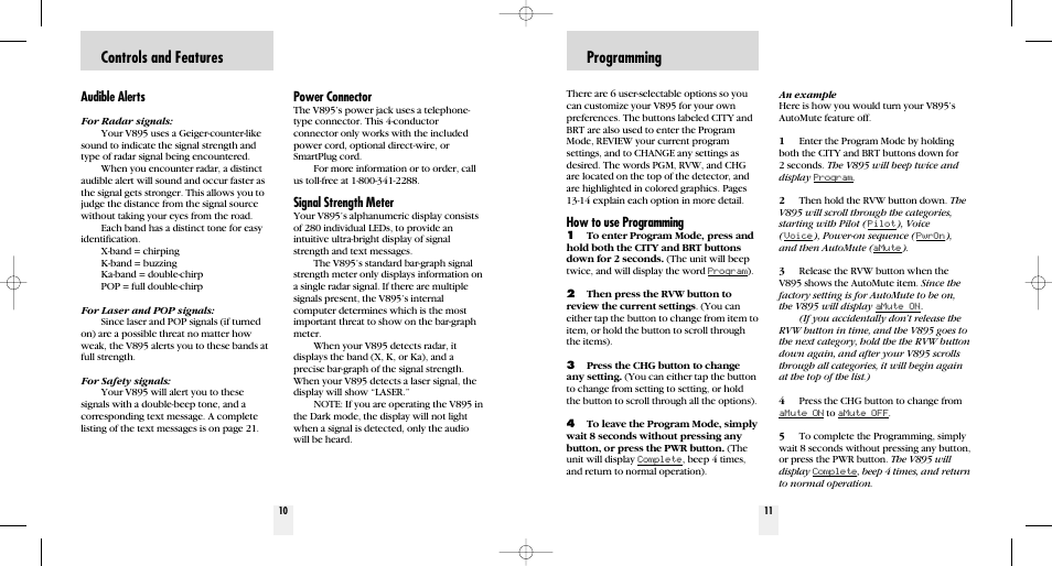 Controls and features, Programming, Power connector | Signal strength meter, Audible alerts, How to use programming | Beltronics V895 User Manual | Page 7 / 16