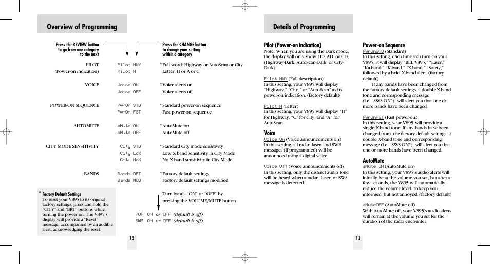 Overview of programming, Details of programming, Pilot (power-on indication) | Voice, Power-on sequence, Automute | Beltronics V895 User Manual | Page 8 / 16