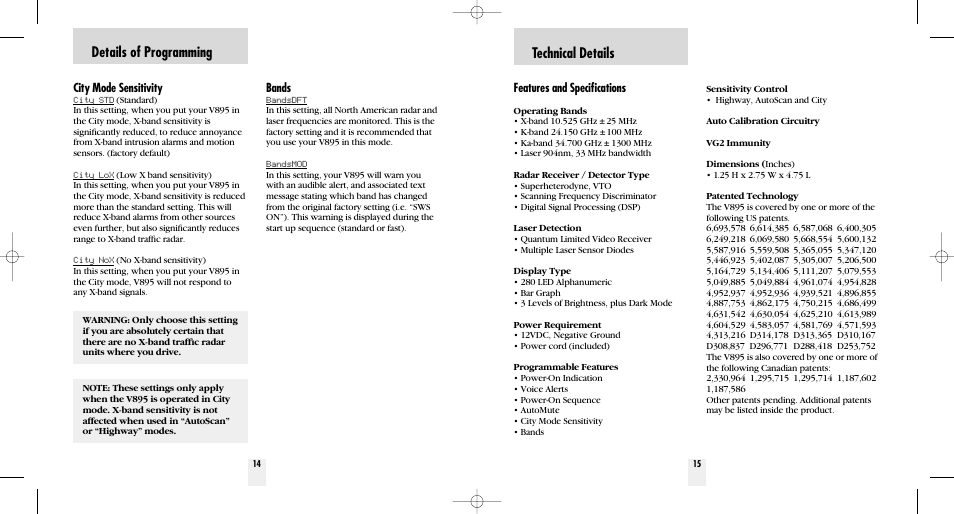 Details of programming, Technical details | Beltronics V895 User Manual | Page 9 / 16