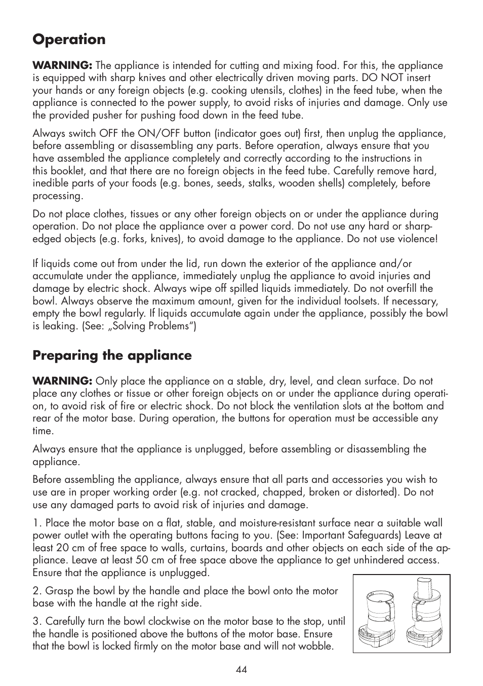 Operation, Preparing the appliance | Gastroback 40963 Design Food Processor S User Manual | Page 12 / 28