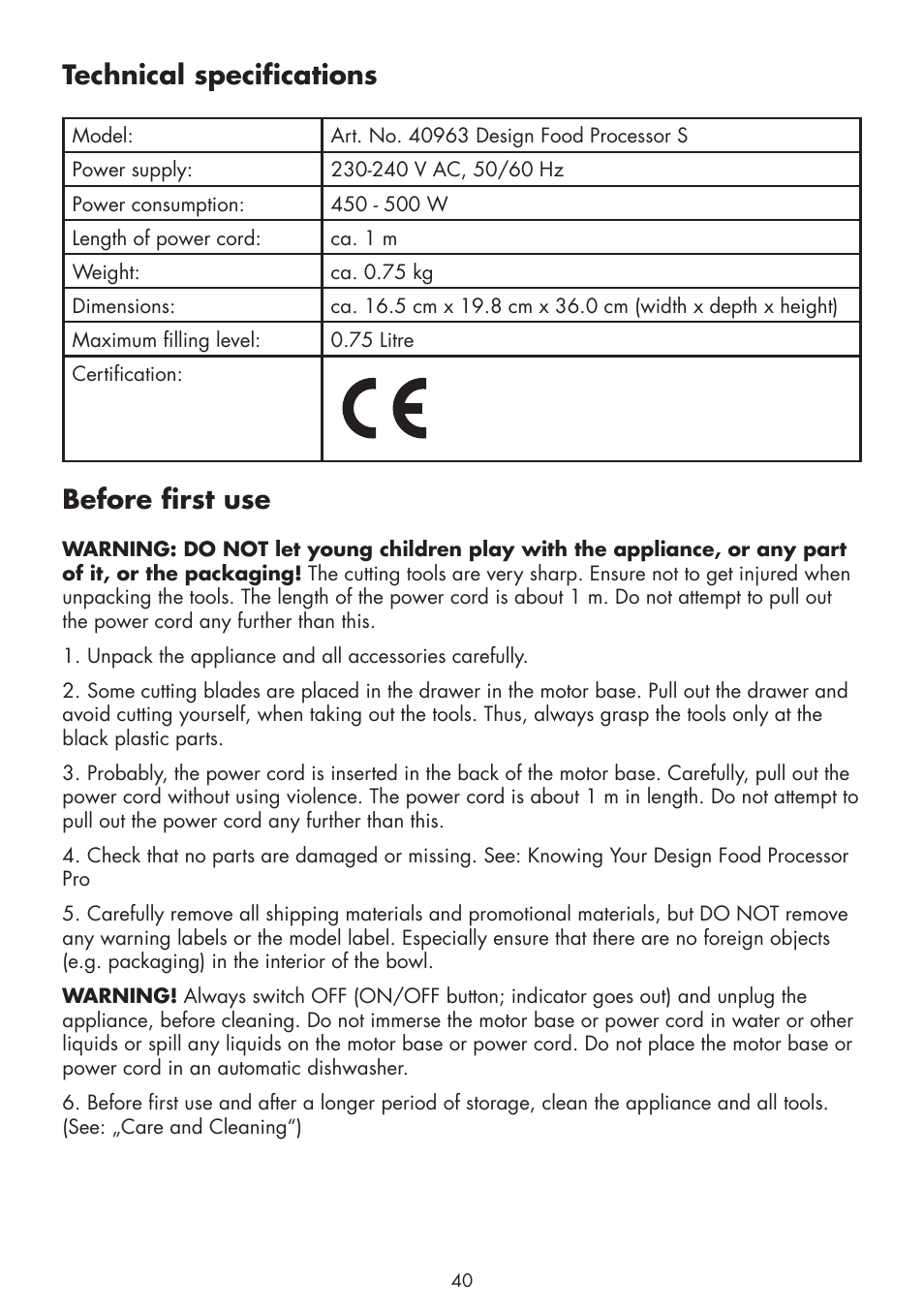 Technical specifications, Before first use | Gastroback 40963 Design Food Processor S User Manual | Page 8 / 28