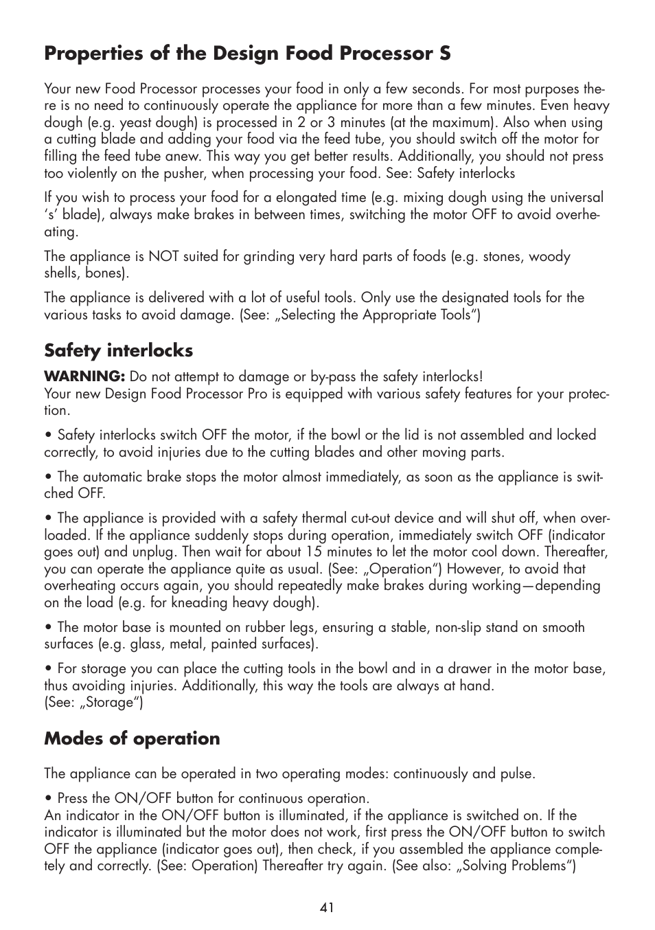 Properties of the design food processor s, Safety interlocks, Modes of operation | Gastroback 40963 Design Food Processor S User Manual | Page 9 / 28