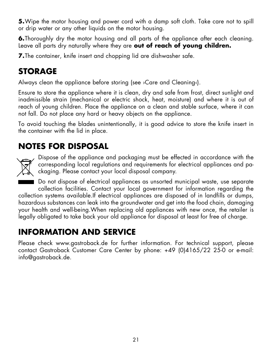 Storage, Information and service | Gastroback 40959 Mini Chopper Home Culture User Manual | Page 10 / 13