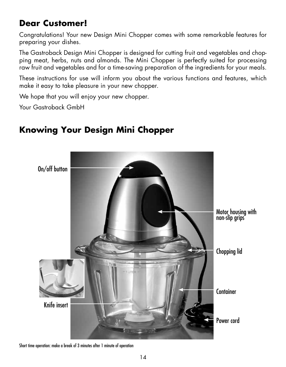 Dear customer, Knowing your design mini chopper | Gastroback 40959 Mini Chopper Home Culture User Manual | Page 3 / 13