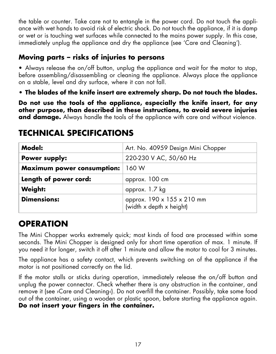 Technical specifications, Operation | Gastroback 40959 Mini Chopper Home Culture User Manual | Page 6 / 13