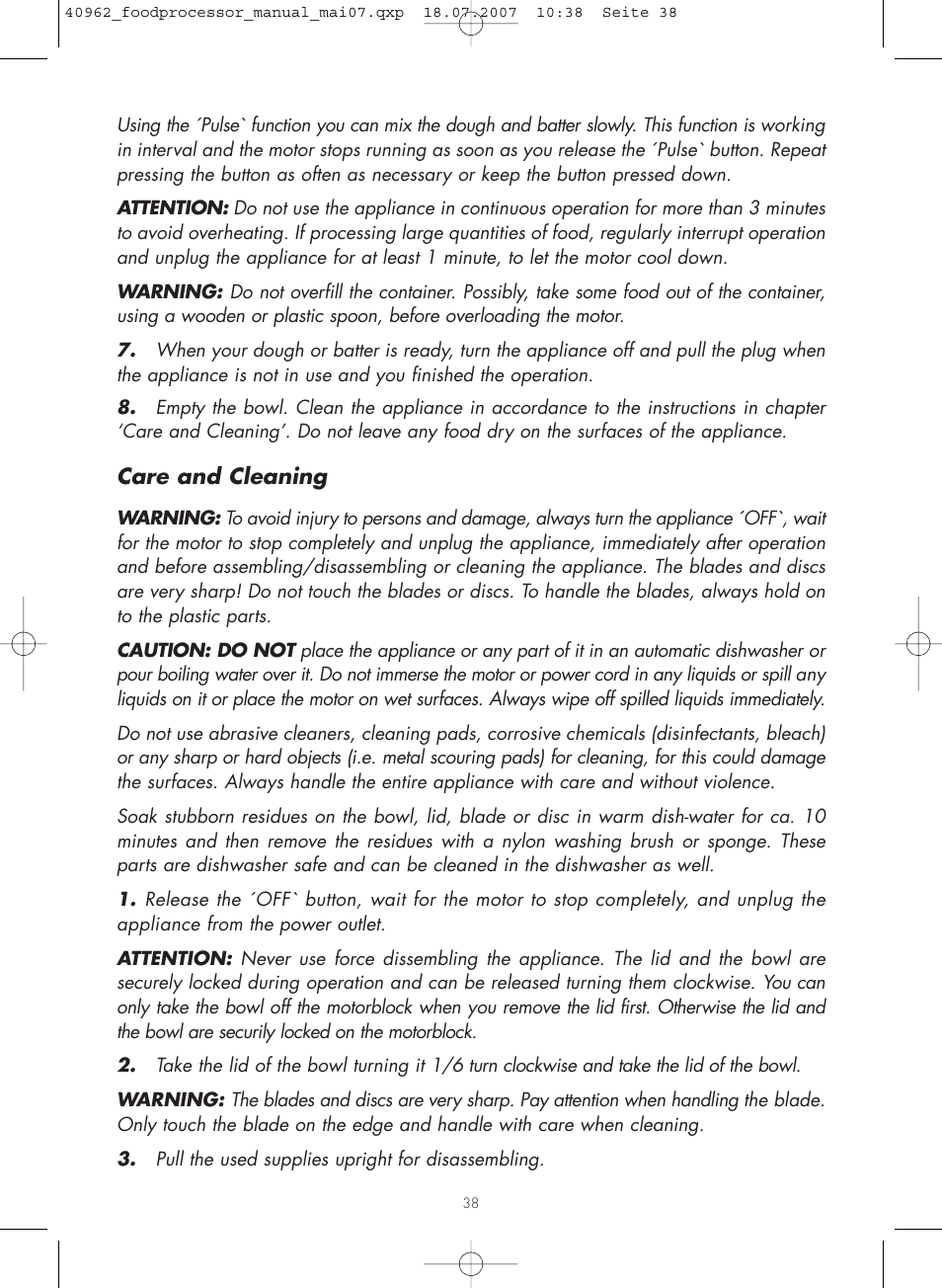 Care and cleaning | Gastroback 40962 Design Food Processor User Manual | Page 14 / 20