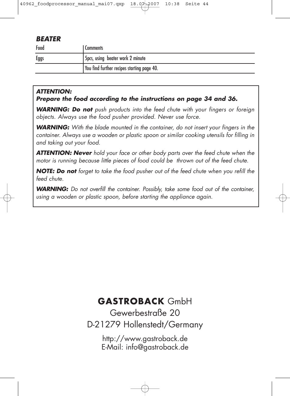 Gastroback 40962 Design Food Processor User Manual | Page 20 / 20