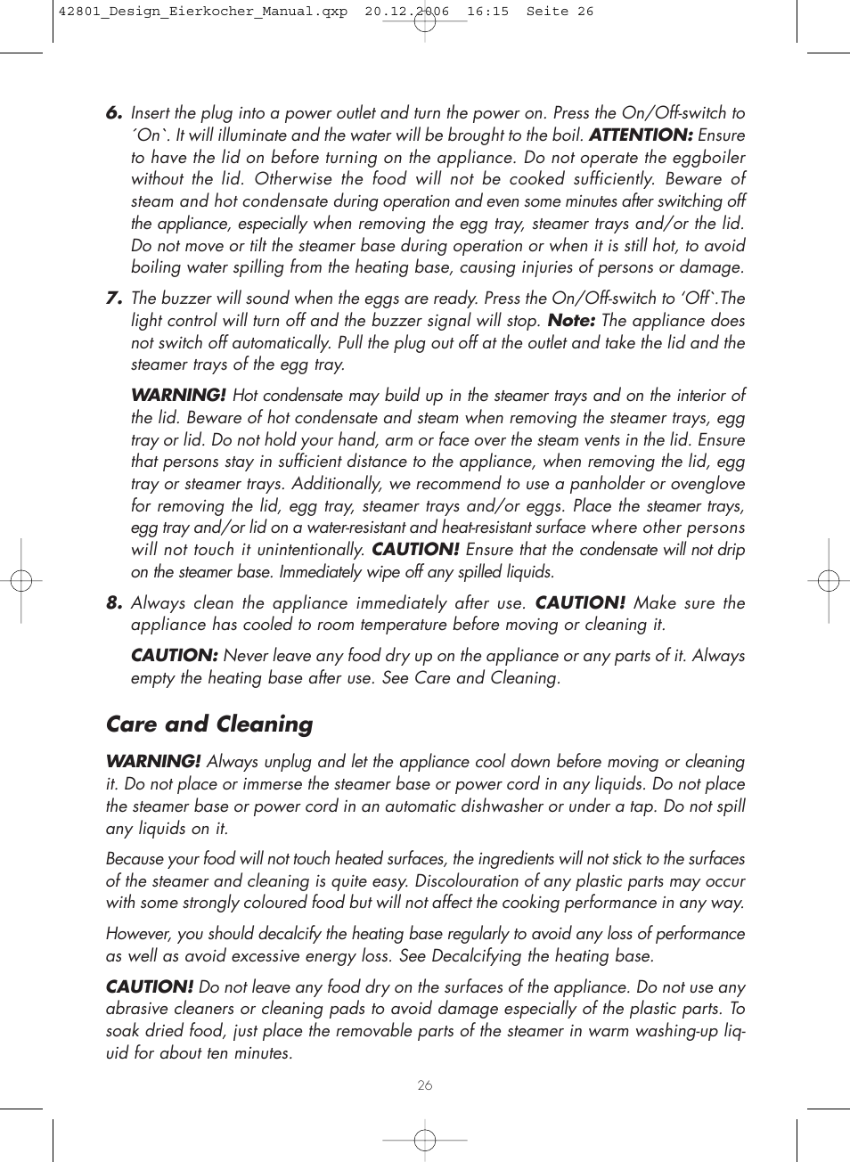 Care and cleaning | Gastroback 42801 Design Eggcooker User Manual | Page 11 / 13