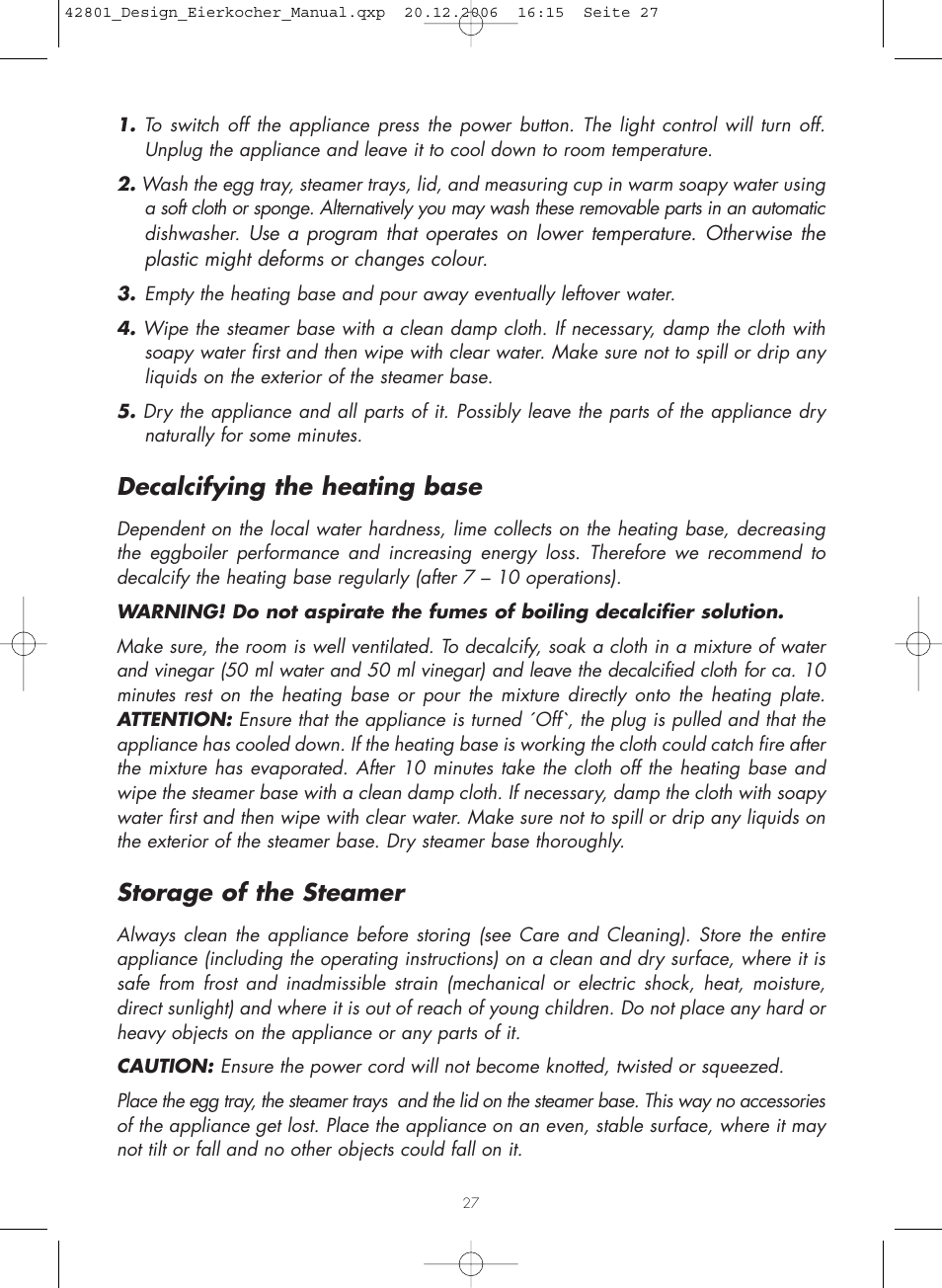 Decalcifying the heating base, Storage of the steamer | Gastroback 42801 Design Eggcooker User Manual | Page 12 / 13