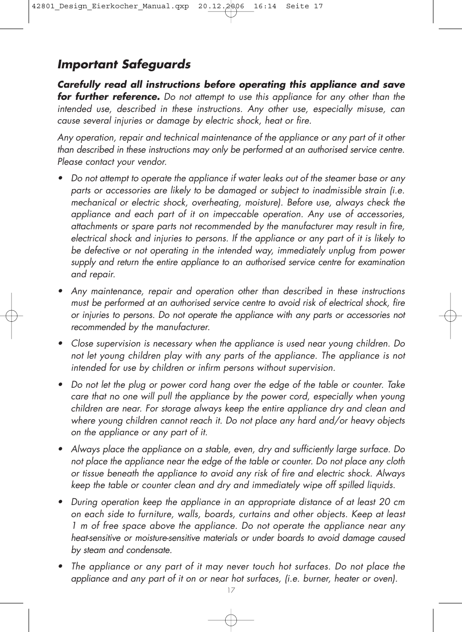 Important safeguards | Gastroback 42801 Design Eggcooker User Manual | Page 2 / 13