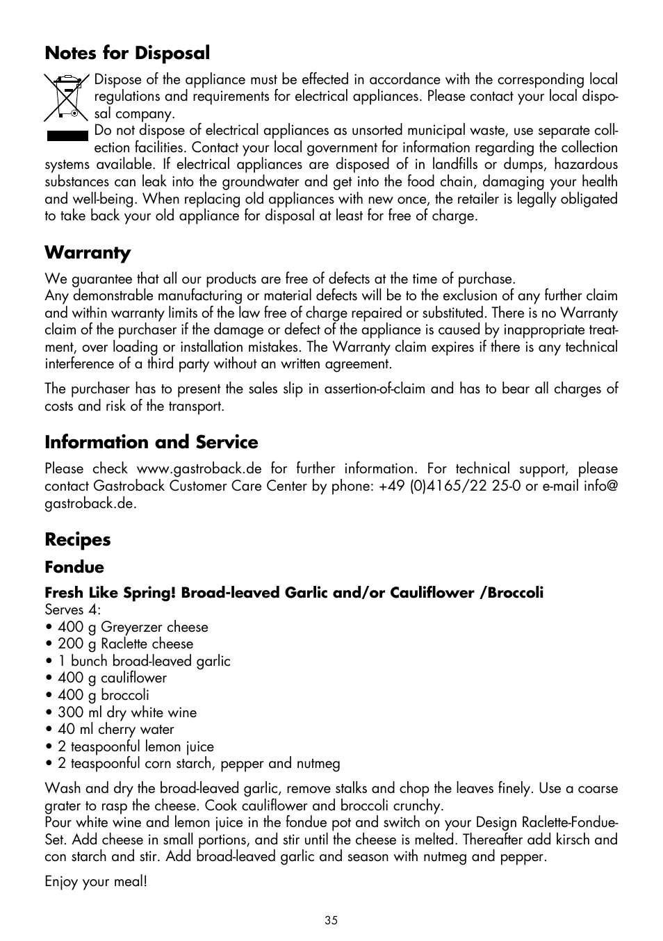 Warranty, Information and service, Recipes | Gastroback 42559 Design Raclette - Fondue - Set User Manual | Page 15 / 20