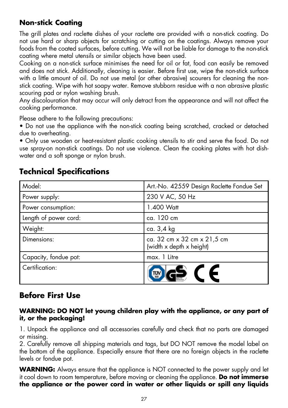 Technical specifications, Before first use | Gastroback 42559 Design Raclette - Fondue - Set User Manual | Page 7 / 20