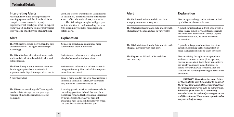 Technical details, Interpreting alerts, Explanation | Alert | Beltronics V8 User Manual | Page 10 / 16