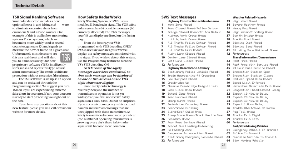 Technical details, How safety radar works, Sws text messages | Tsr signal ranking software | Beltronics V8 User Manual | Page 12 / 16