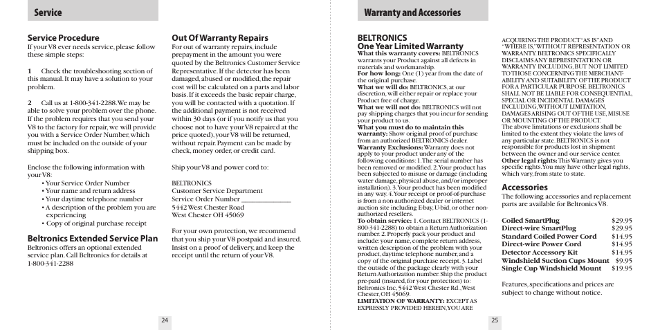 Service, Warranty and accessories, Service procedure | Beltronics extended service plan, Out of warranty repairs, Beltronics one year limited warranty, Accessories | Beltronics V8 User Manual | Page 14 / 16