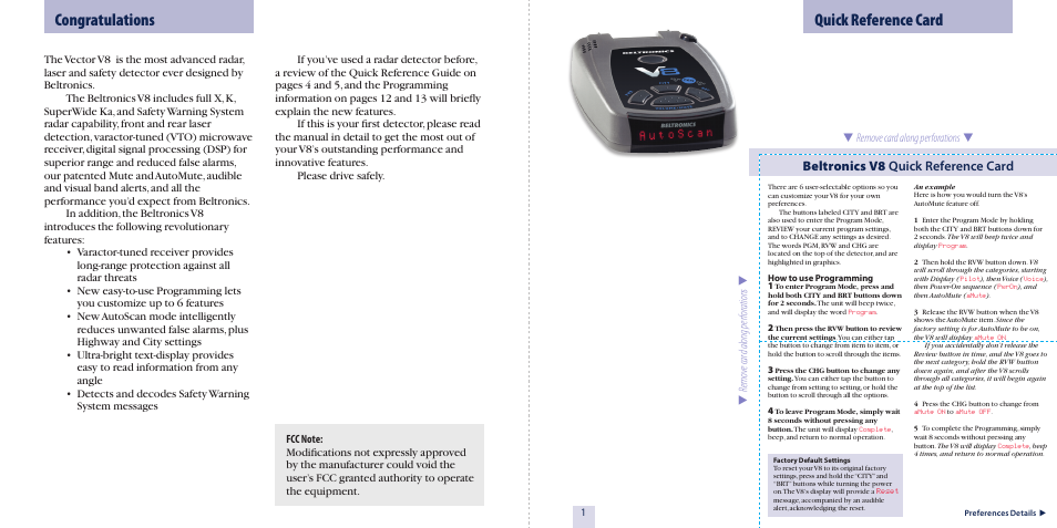 Beltronics v8 quick reference card | Beltronics V8 User Manual | Page 2 / 16