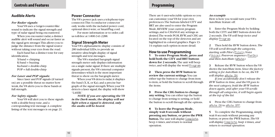 Controls and features, Programming, Power connector | Signal strength meter, Audible alerts, How to use programming | Beltronics V8 User Manual | Page 7 / 16