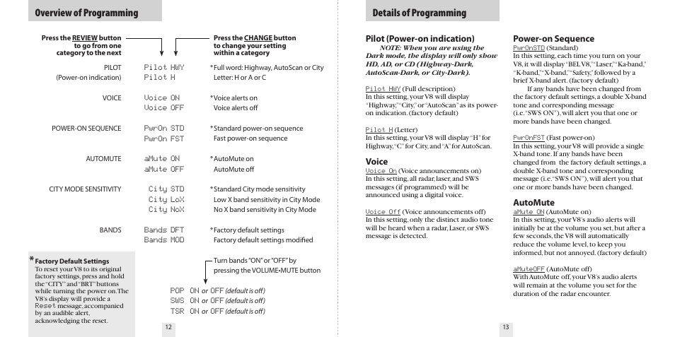 Overview of programming details of programming | Beltronics V8 User Manual | Page 8 / 16