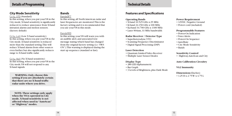 Details of programming technical details | Beltronics V8 User Manual | Page 9 / 16