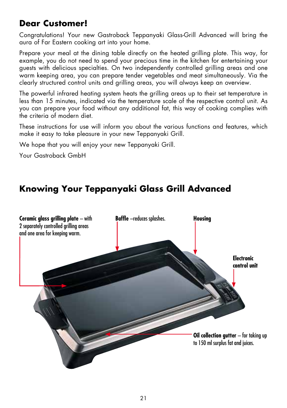 Dear customer, Knowing your teppanyaki glass grill advanced | Gastroback 42535 Teppanyaki Glass-Grill Advanced User Manual | Page 3 / 18