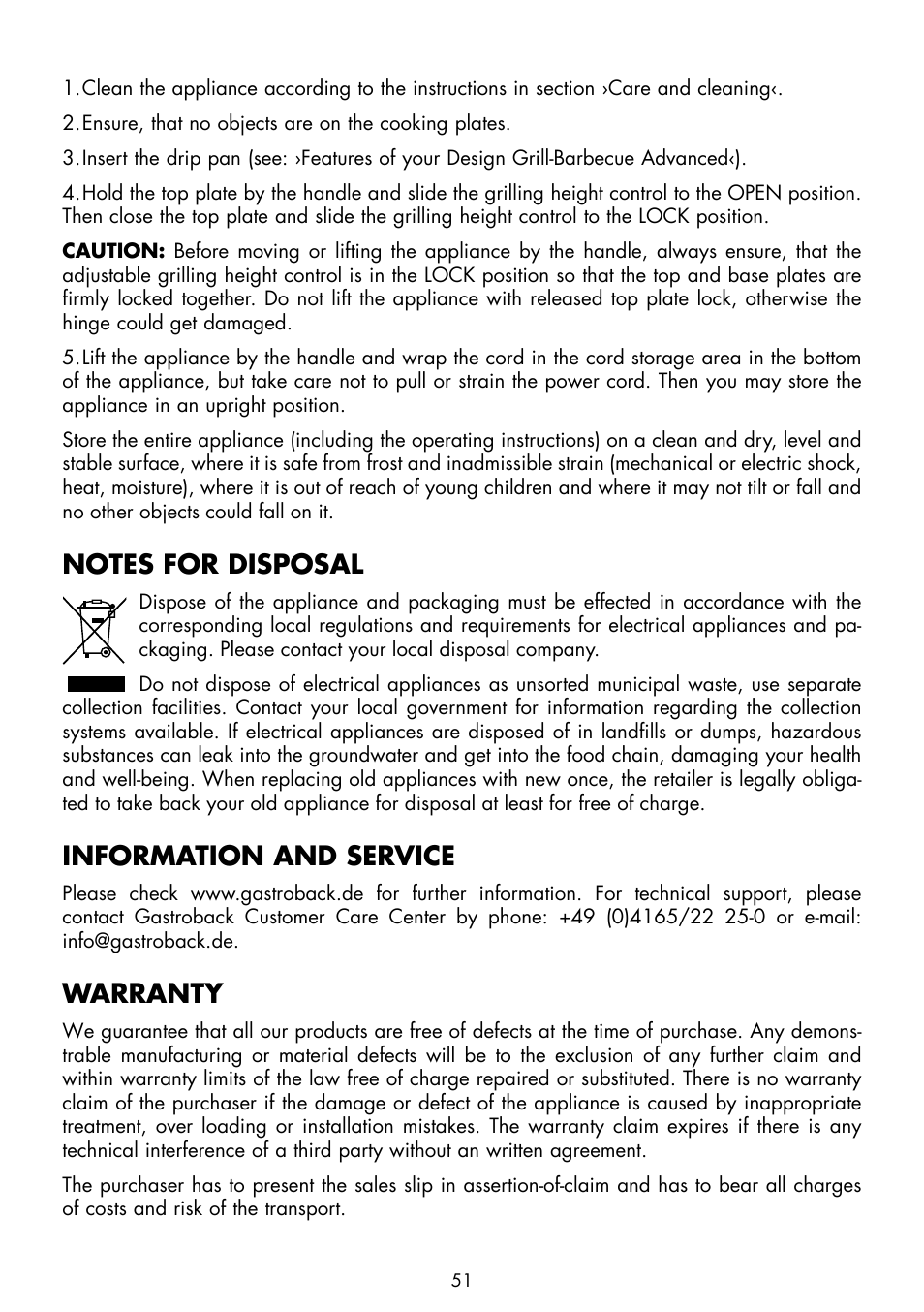 Information and service, Warranty | Gastroback 42534 Design Grill-Barbecue Advanced User Manual | Page 19 / 28