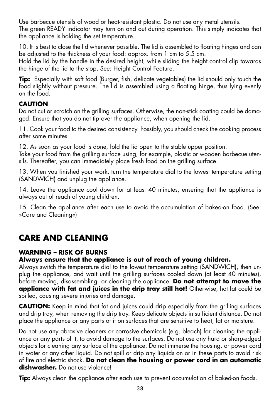 Care and cleaning | Gastroback 42514 Health Smart Grill Pro User Manual | Page 16 / 20