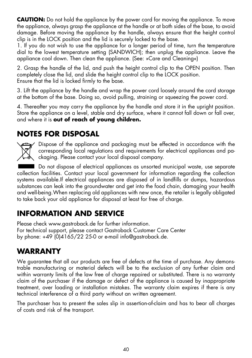 Information and service, Warranty | Gastroback 42514 Health Smart Grill Pro User Manual | Page 18 / 20