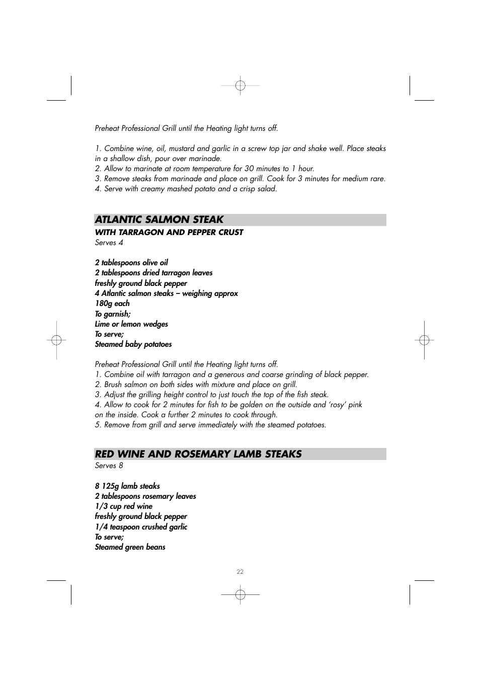 Atlantic salmon steak, Red wine and rosemary lamb steaks | Gastroback 42504 Design Grill-Barbecue Advanced User Manual | Page 21 / 30