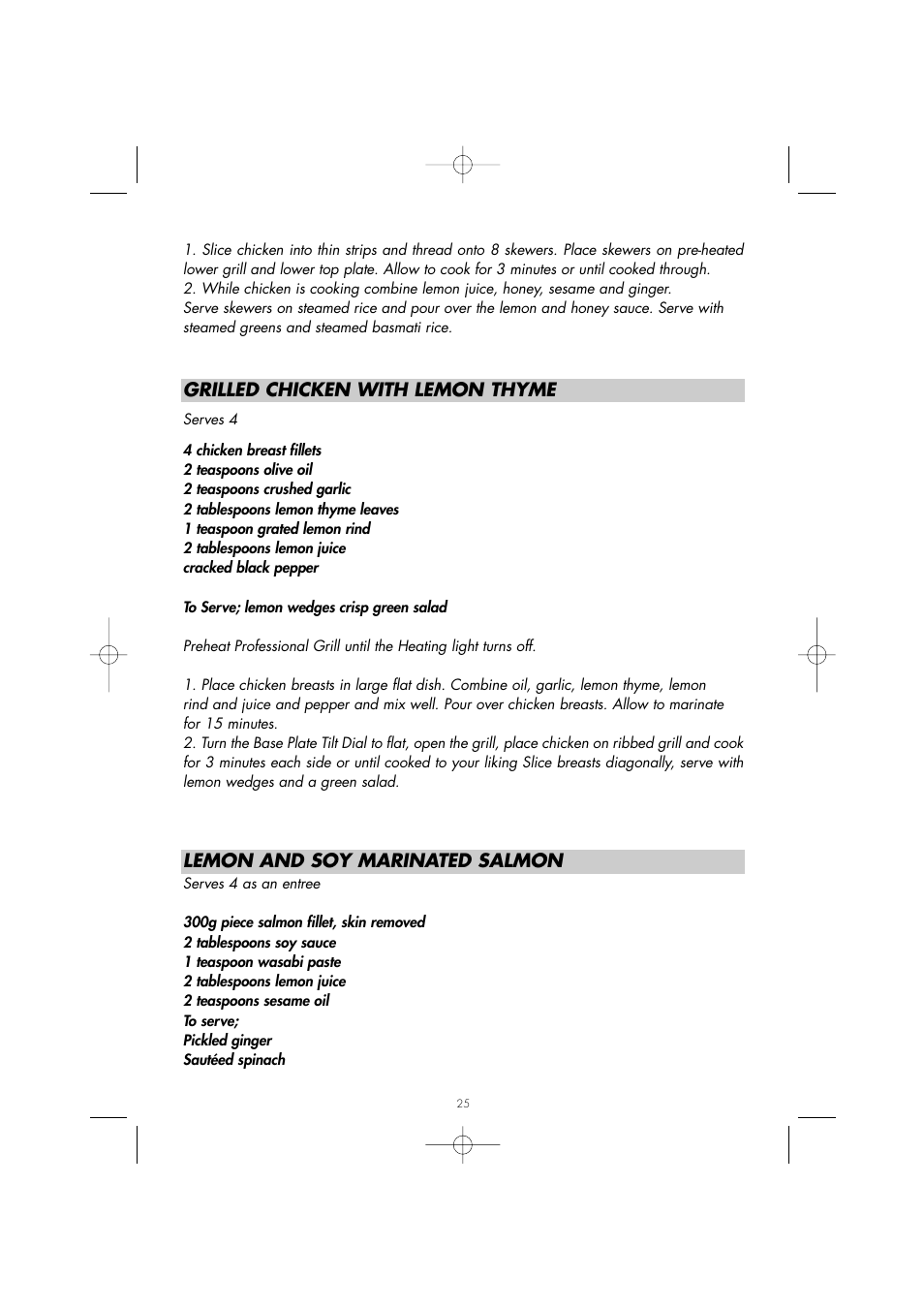 Grilled chicken with lemon thyme, Lemon and soy marinated salmon | Gastroback 42504 Design Grill-Barbecue Advanced User Manual | Page 24 / 30