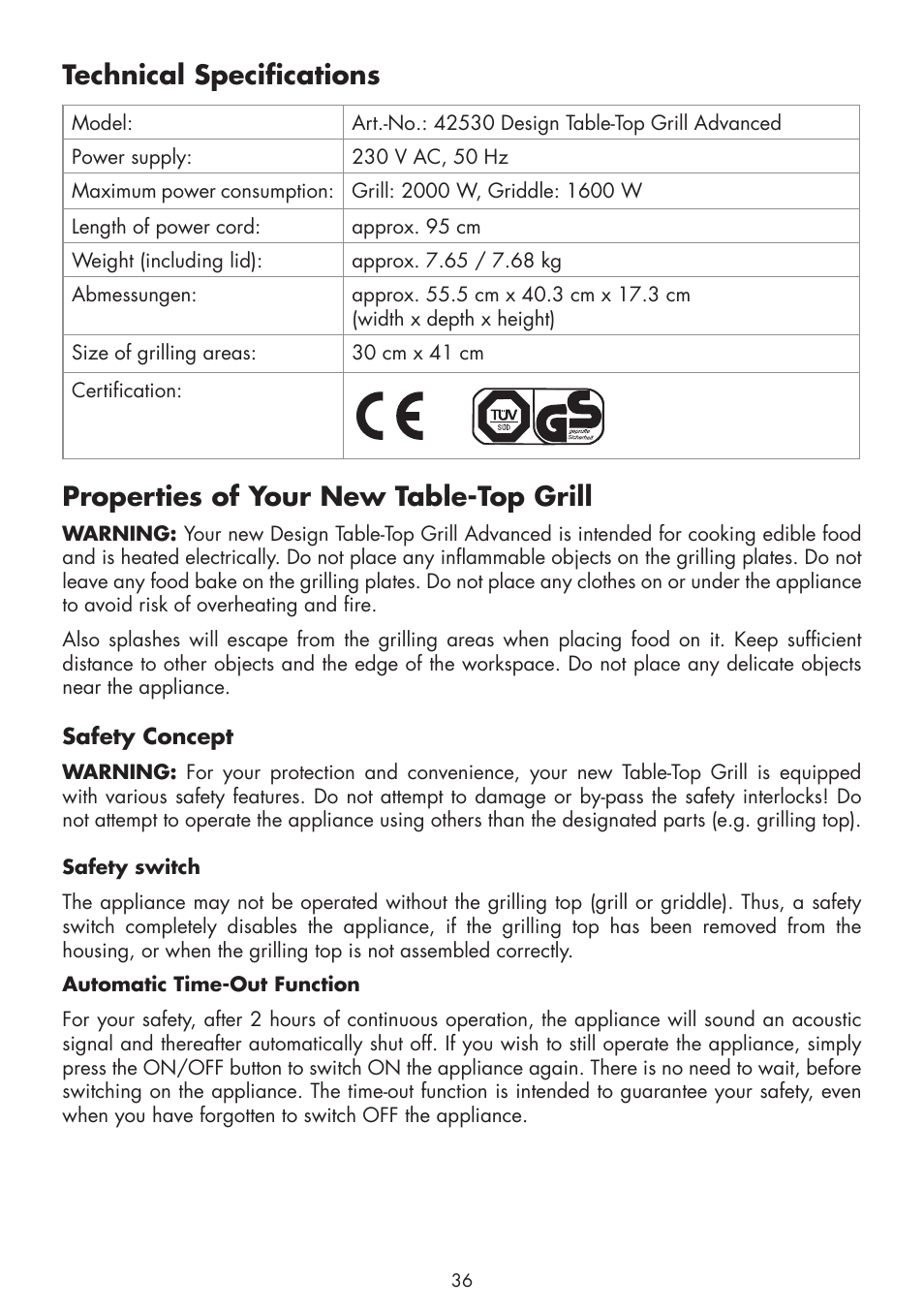 Technical specifications, Properties of your new table-top grill | Gastroback 42530 Design Tischgrill Advanced User Manual | Page 10 / 26