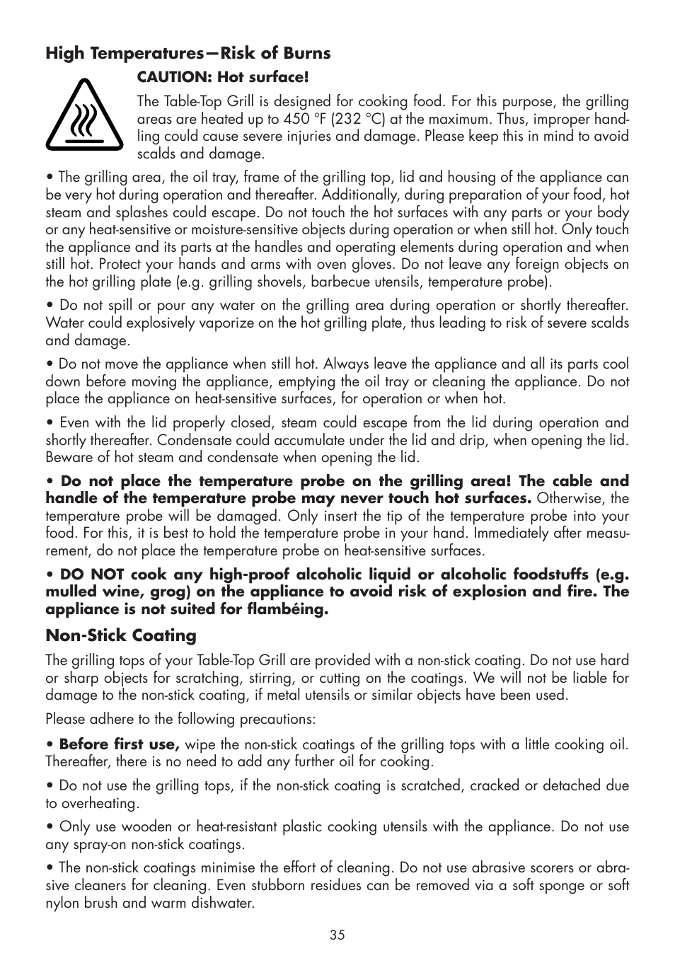 High temperatures—risk of burns, Non-stick coating | Gastroback 42530 Design Tischgrill Advanced User Manual | Page 9 / 26