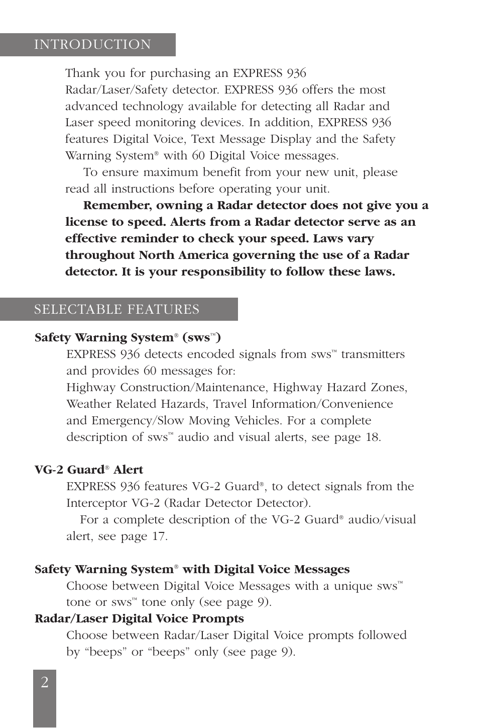 Introduction selectable features | Beltronics E936CS User Manual | Page 2 / 24