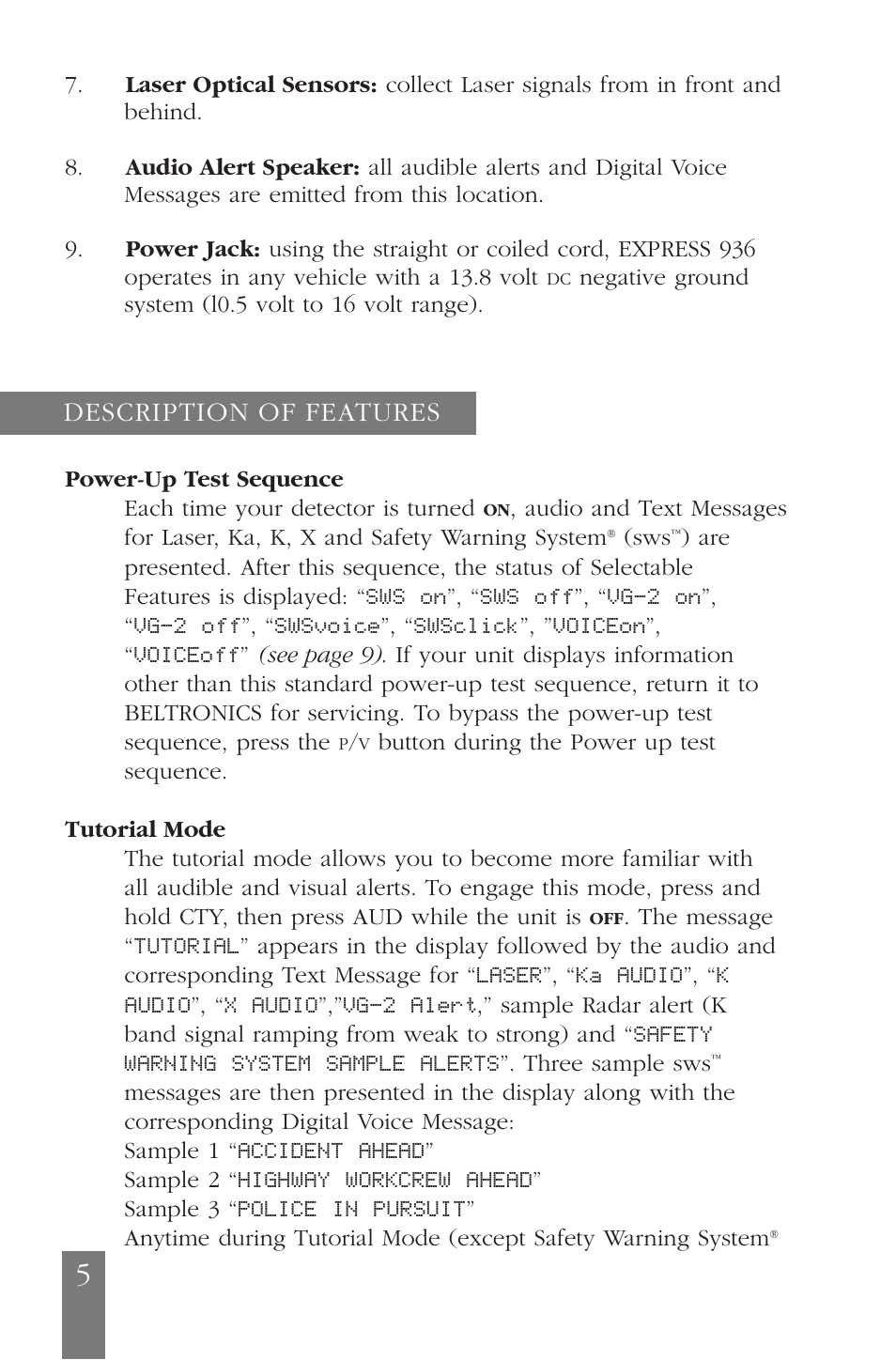 Description of features | Beltronics E936CS User Manual | Page 5 / 24