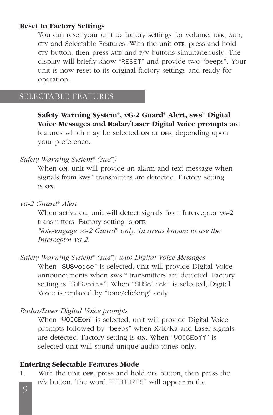 Selectable features | Beltronics E936CS User Manual | Page 9 / 24