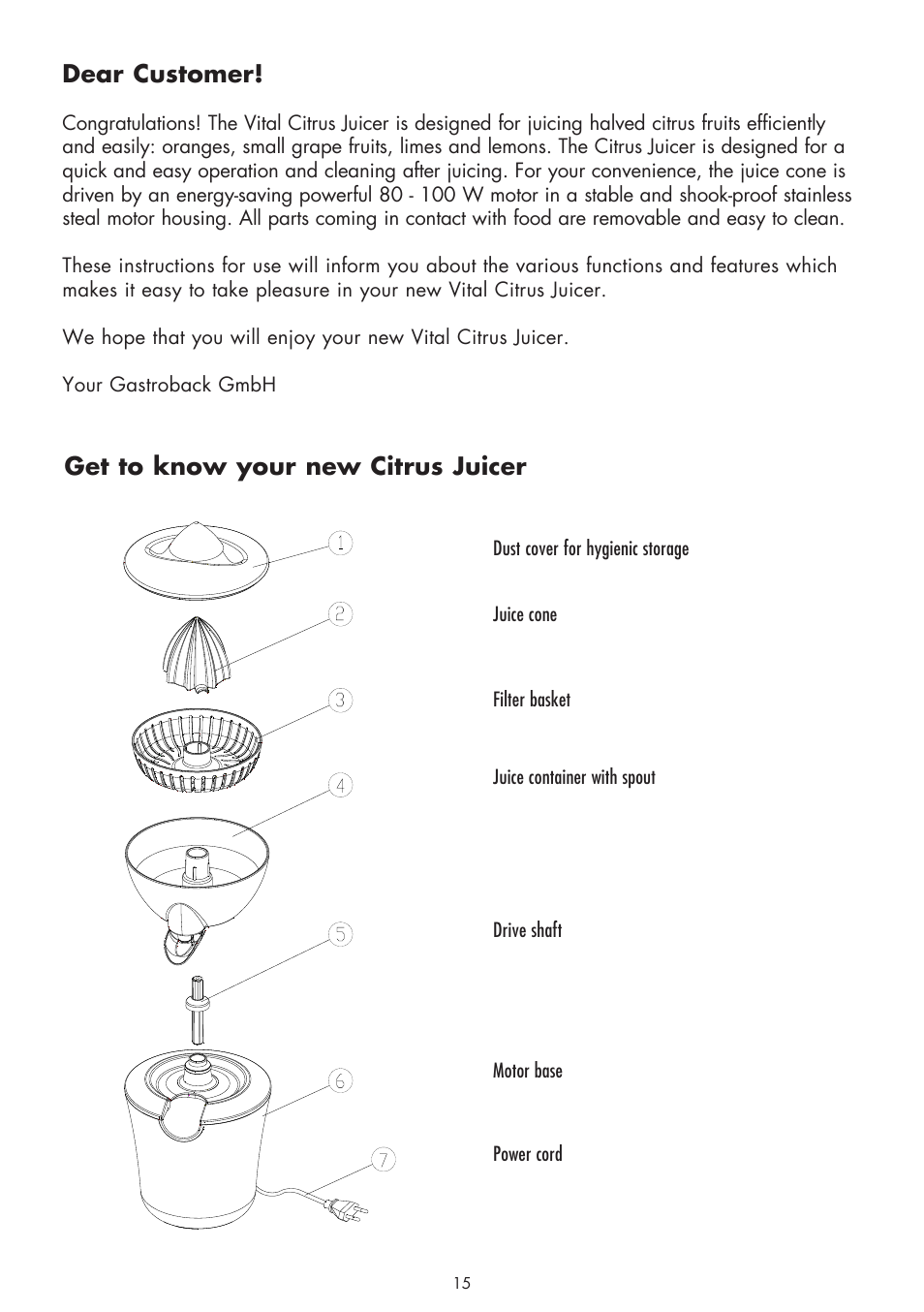 Get to know your new citrus juicer dear customer | Gastroback 41141 Vital Citrus Juicer User Manual | Page 3 / 12