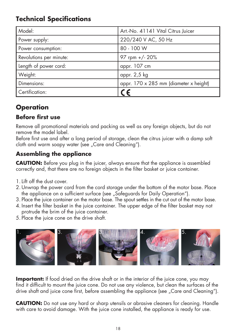 Technical specifications, Operation | Gastroback 41141 Vital Citrus Juicer User Manual | Page 6 / 12